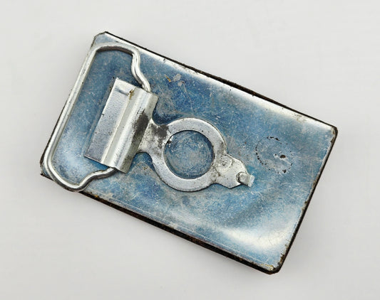 Back of the Hand Tooled Leather Vintage Belt Buckle — Turtle with Red Patchwork Shell, showing the silver-tone metal belt buckle back and loop hardware.