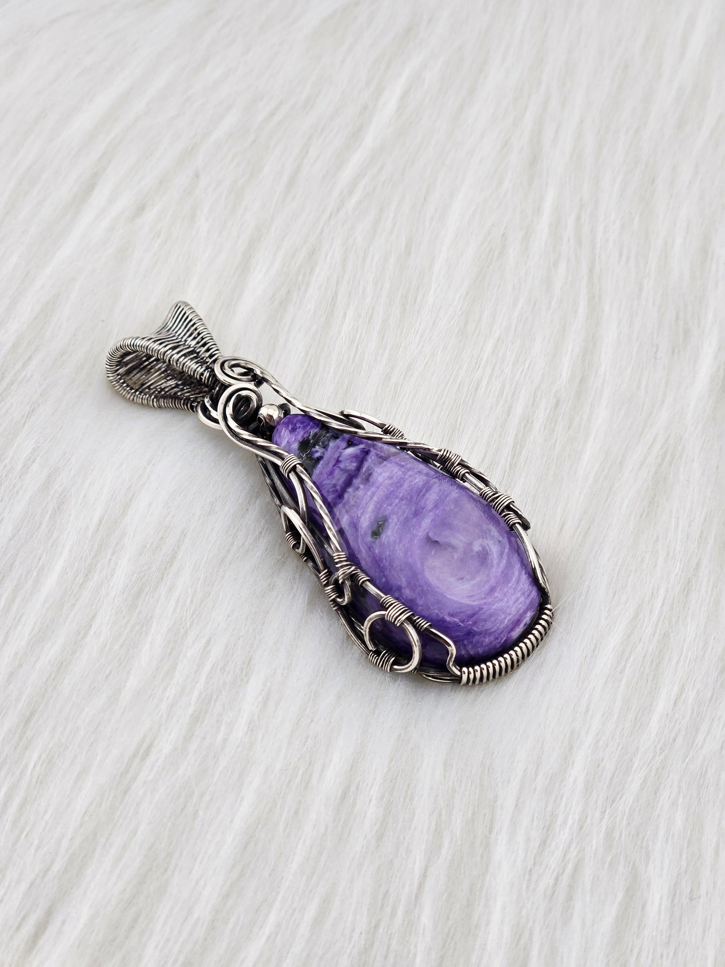Hand Cut Charoite Pendant Wrapped in .925 Silver