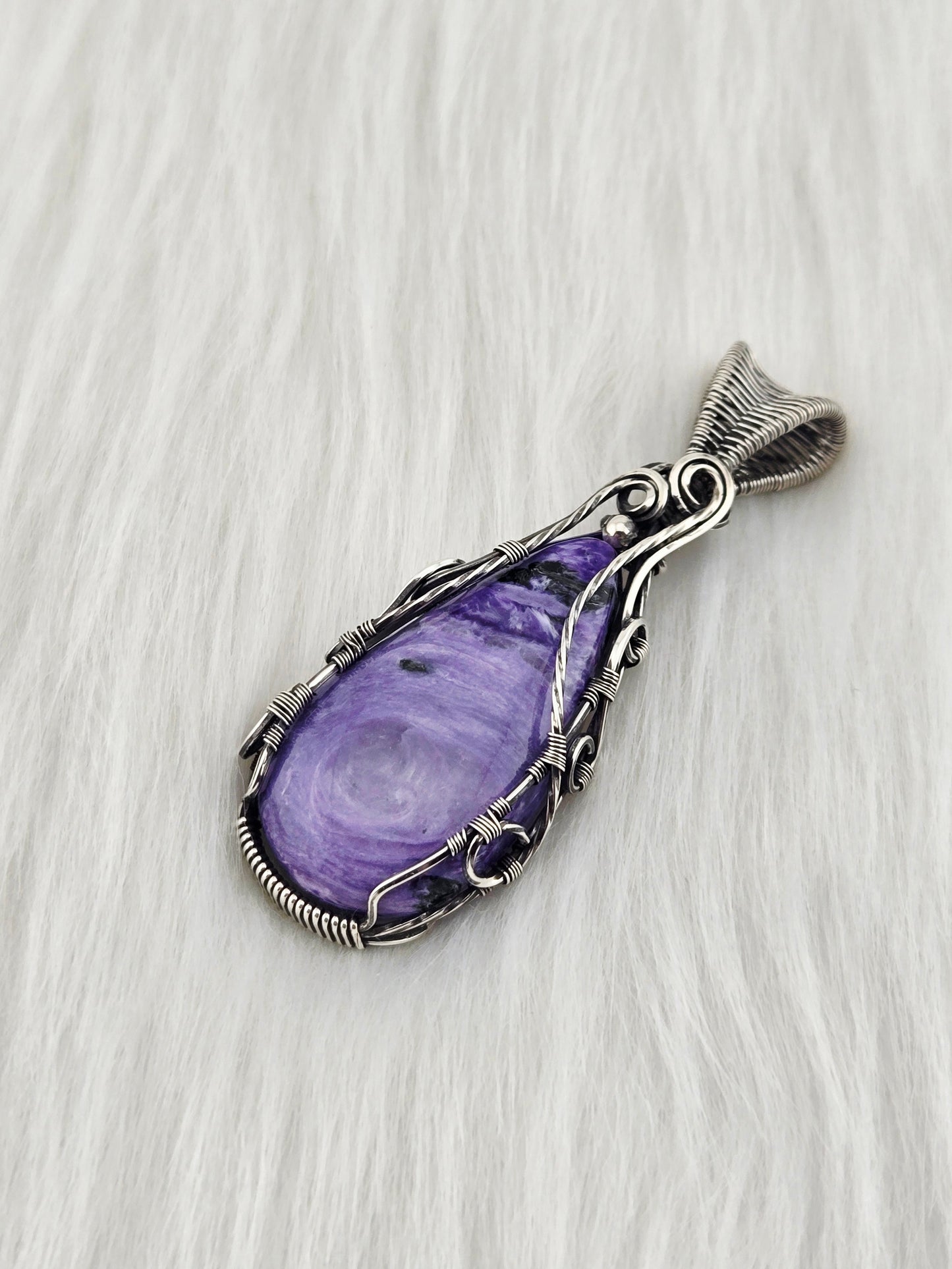 Hand Cut Charoite Pendant Wrapped in .925 Silver