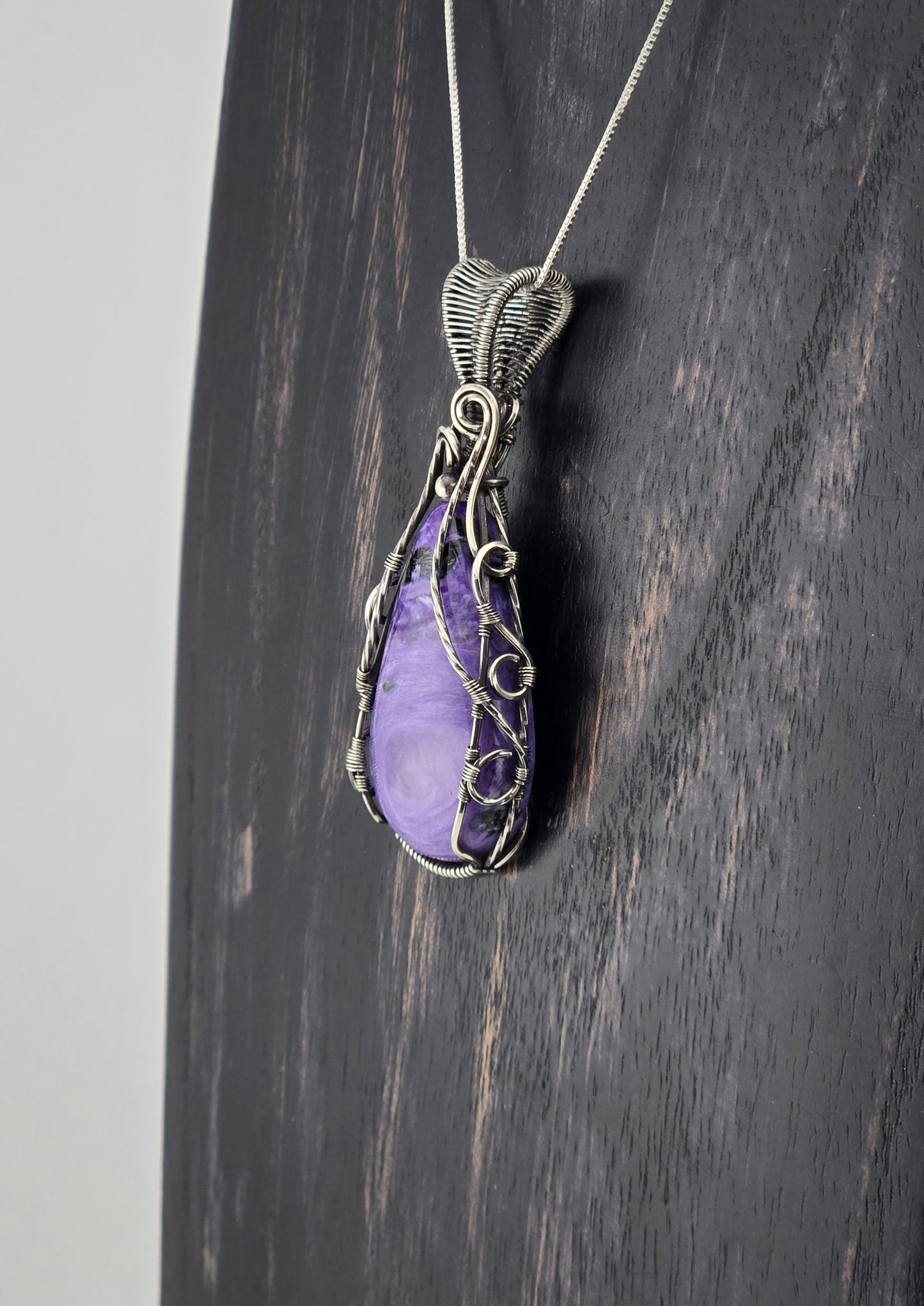 Hand Cut Charoite Pendant Wrapped in .925 Silver