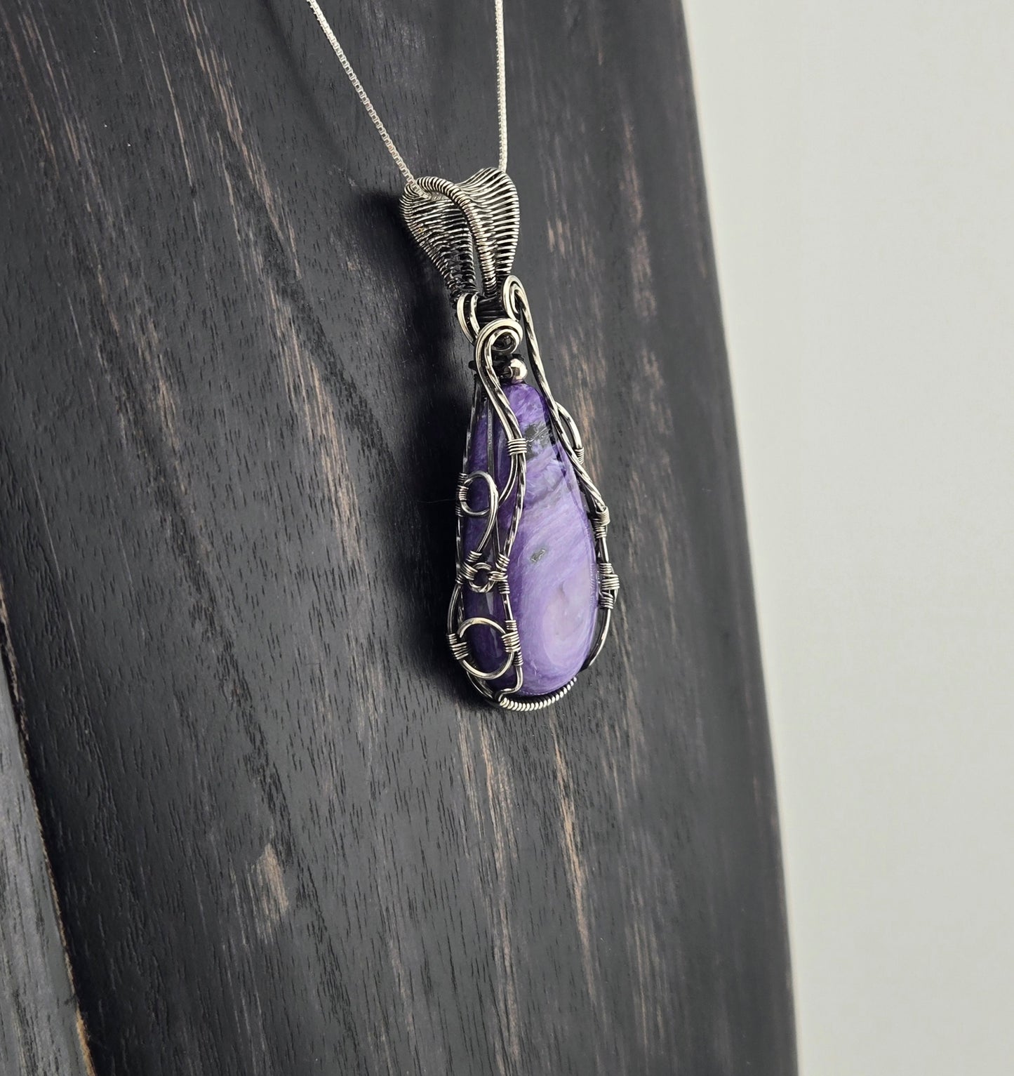 Hand Cut Charoite Pendant Wrapped in .925 Silver