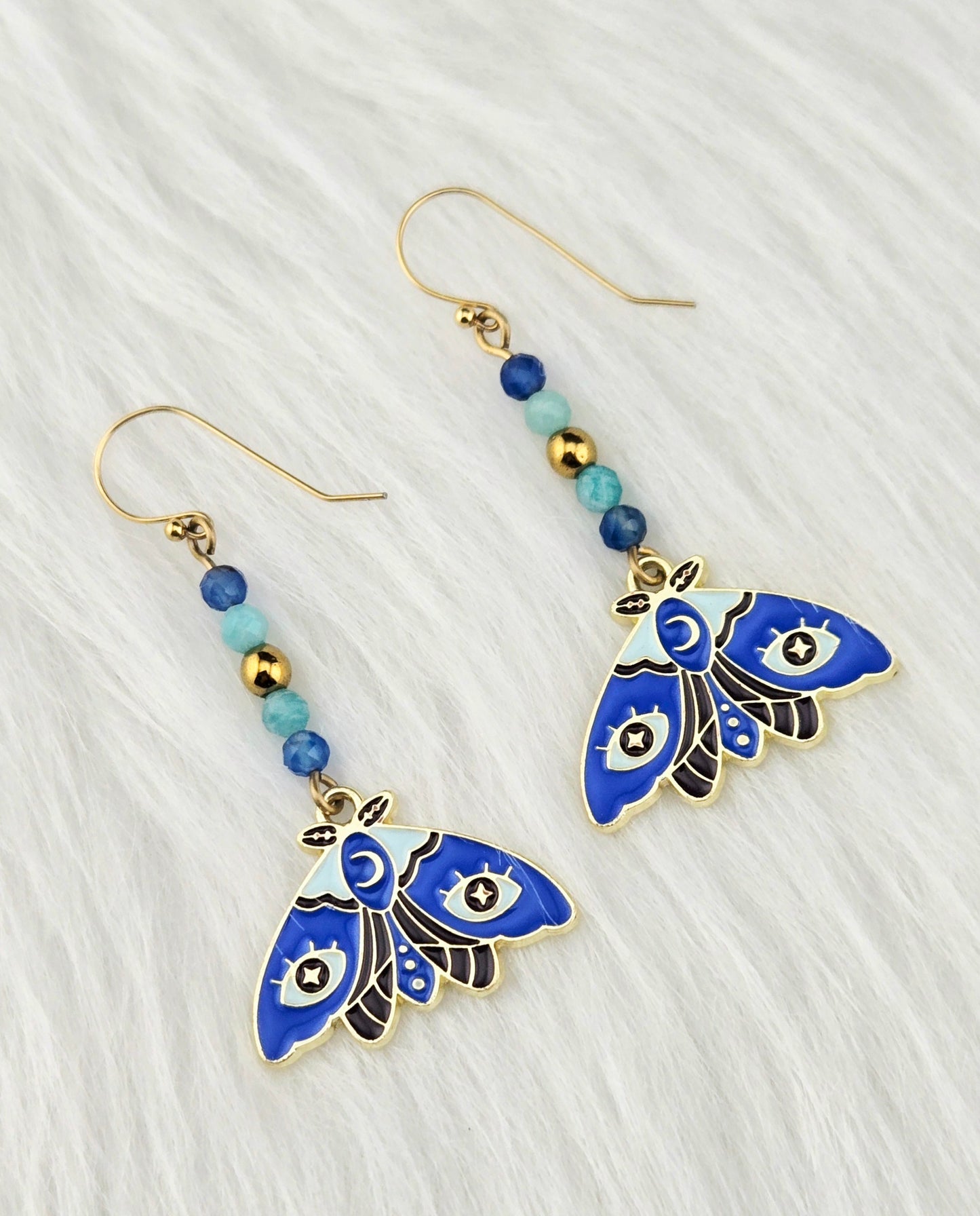 Enameled Gold Pewter Blue Moth Earrings