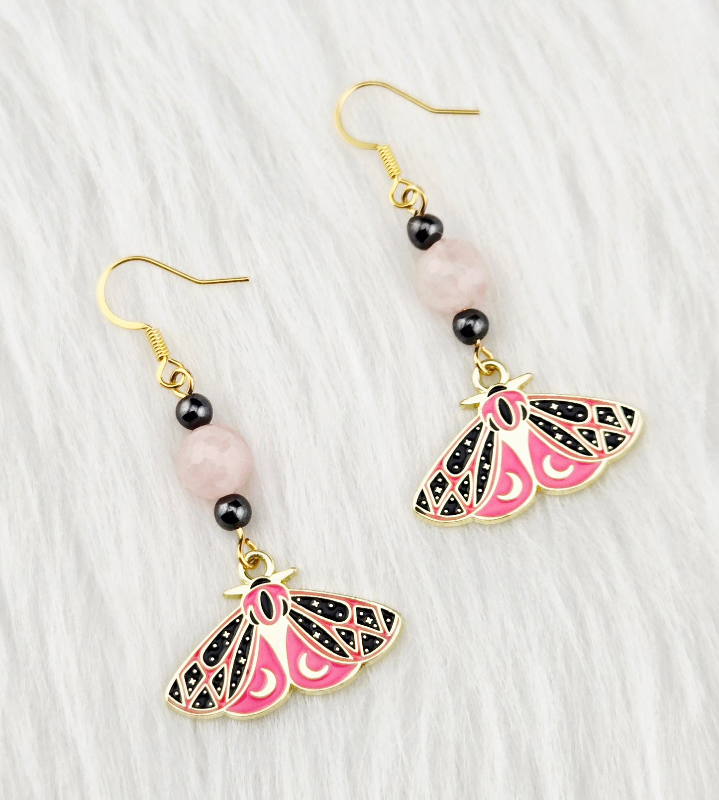 Enameled Gold Pewter Pink and Black Moth Earrings