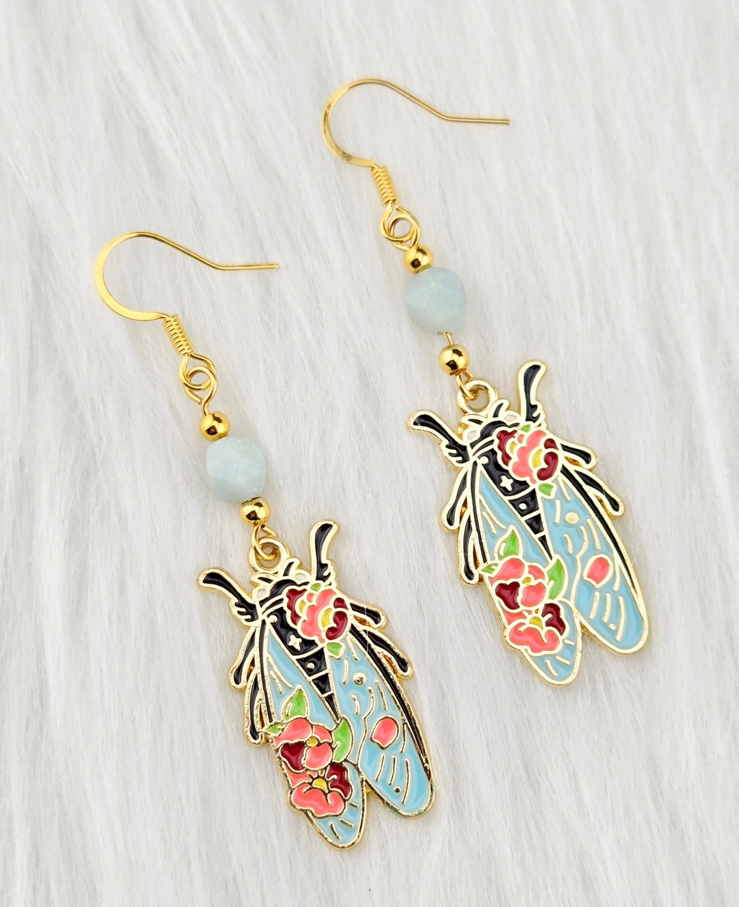 Enameled Gold Pewter Pink, Blue and Black Cicada Earrings