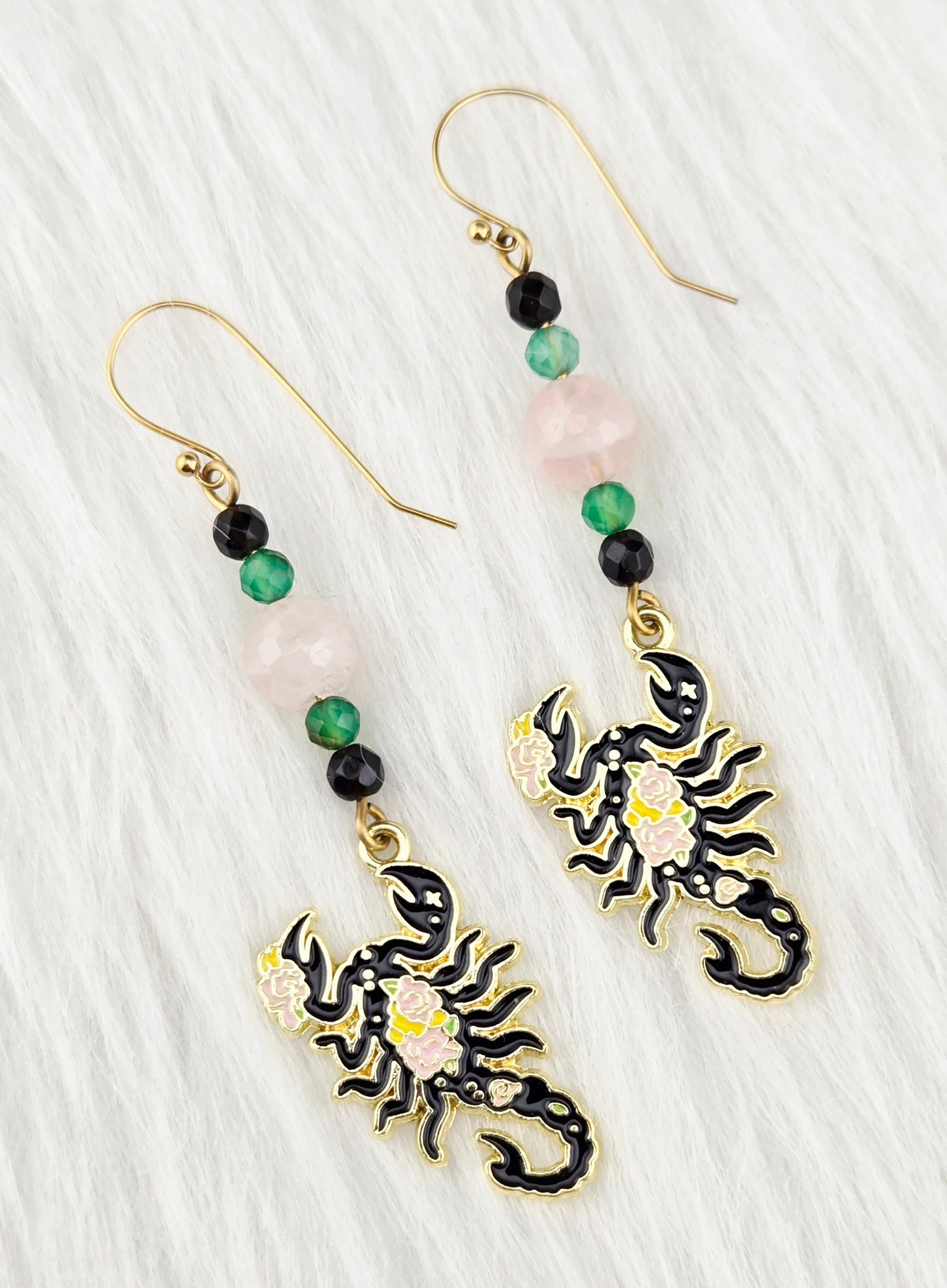 Enameled Gold Pewter Black Scorpion Earrings