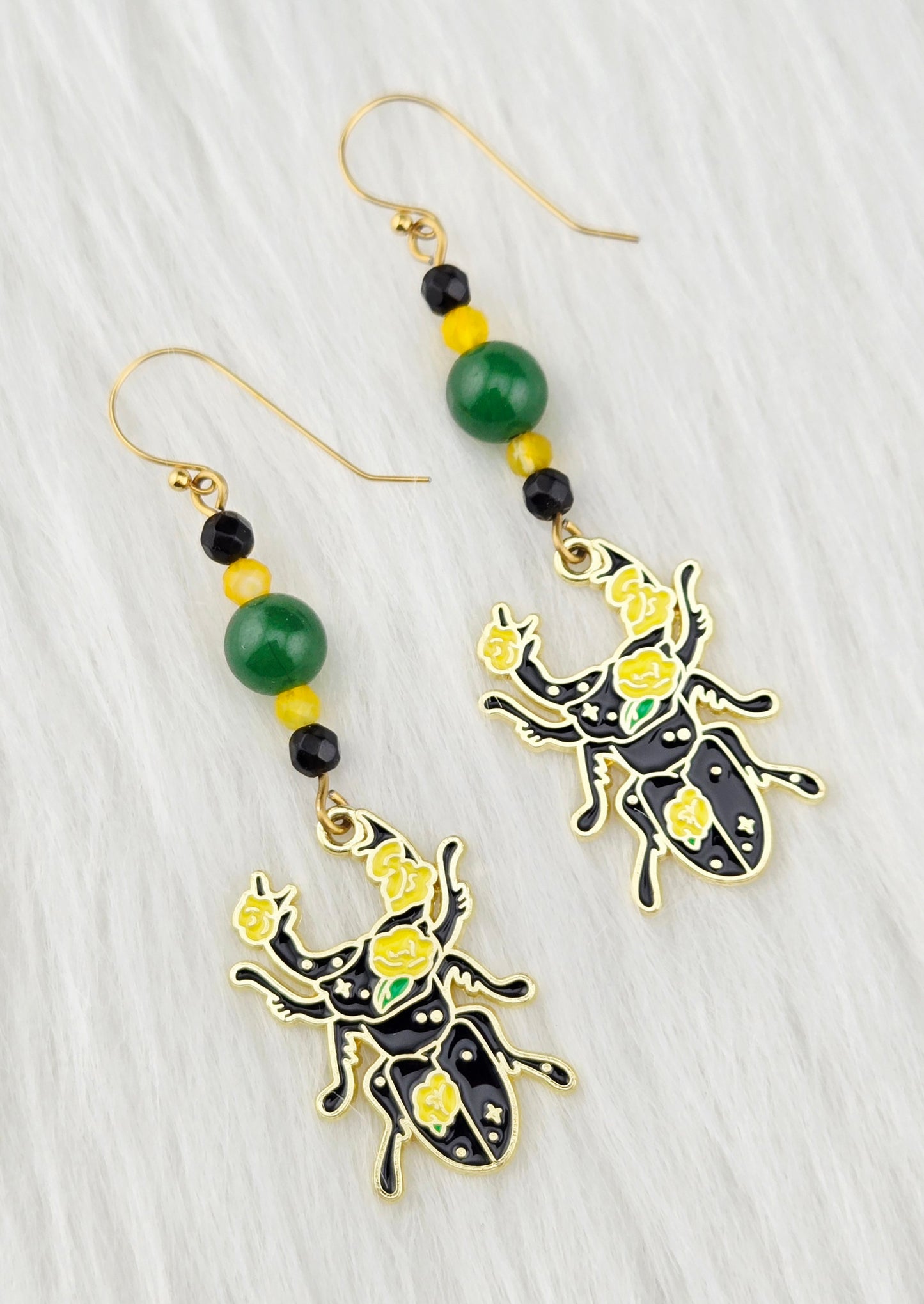 Enameled Gold Pewter Black Beatle Earrings
