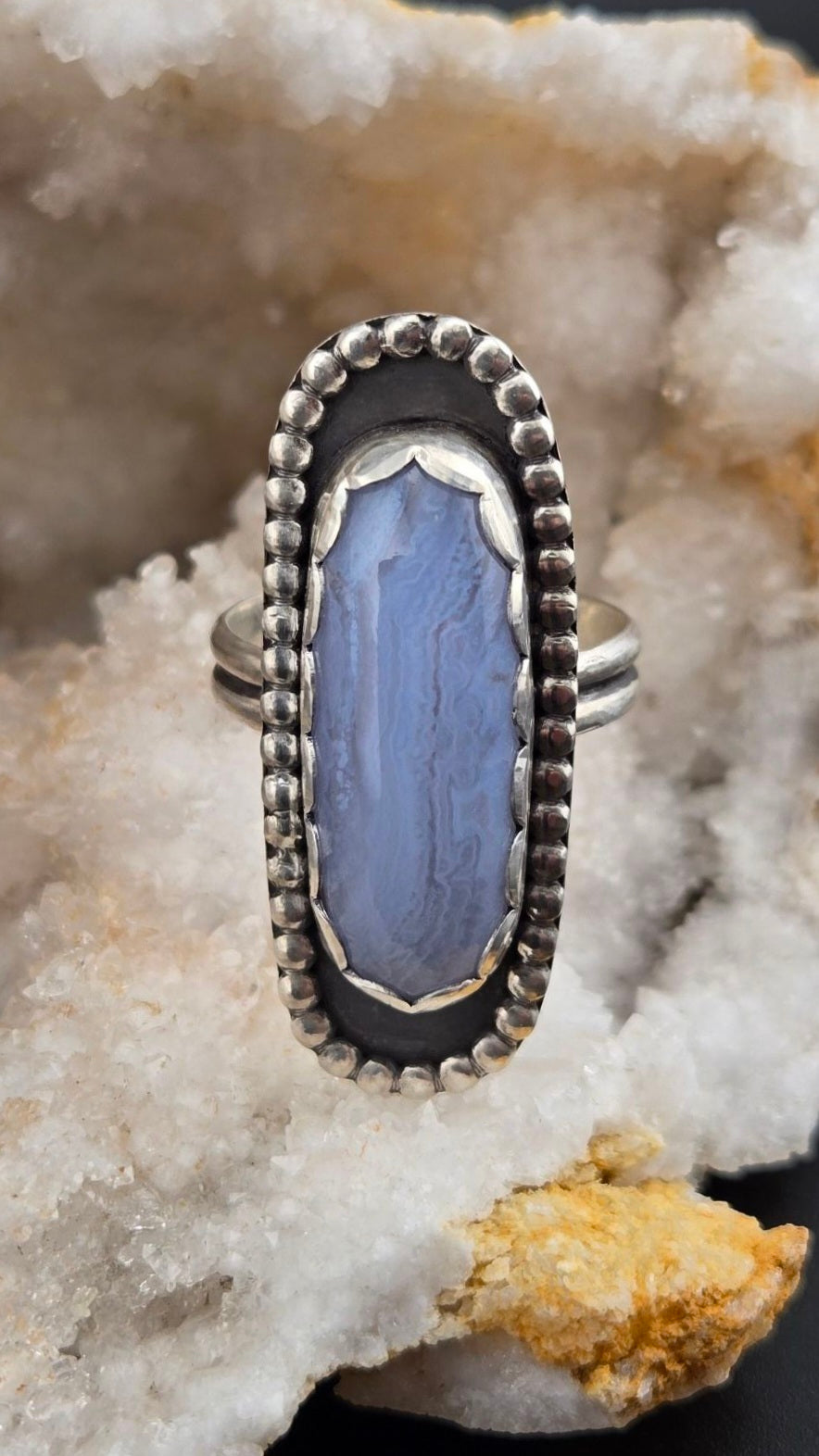 Handcut Blue Lace Agate Ring Size 8
