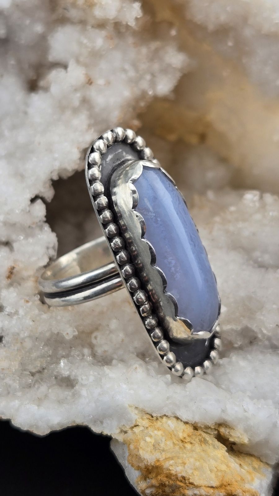 Handcut Blue Lace Agate Ring Size 8