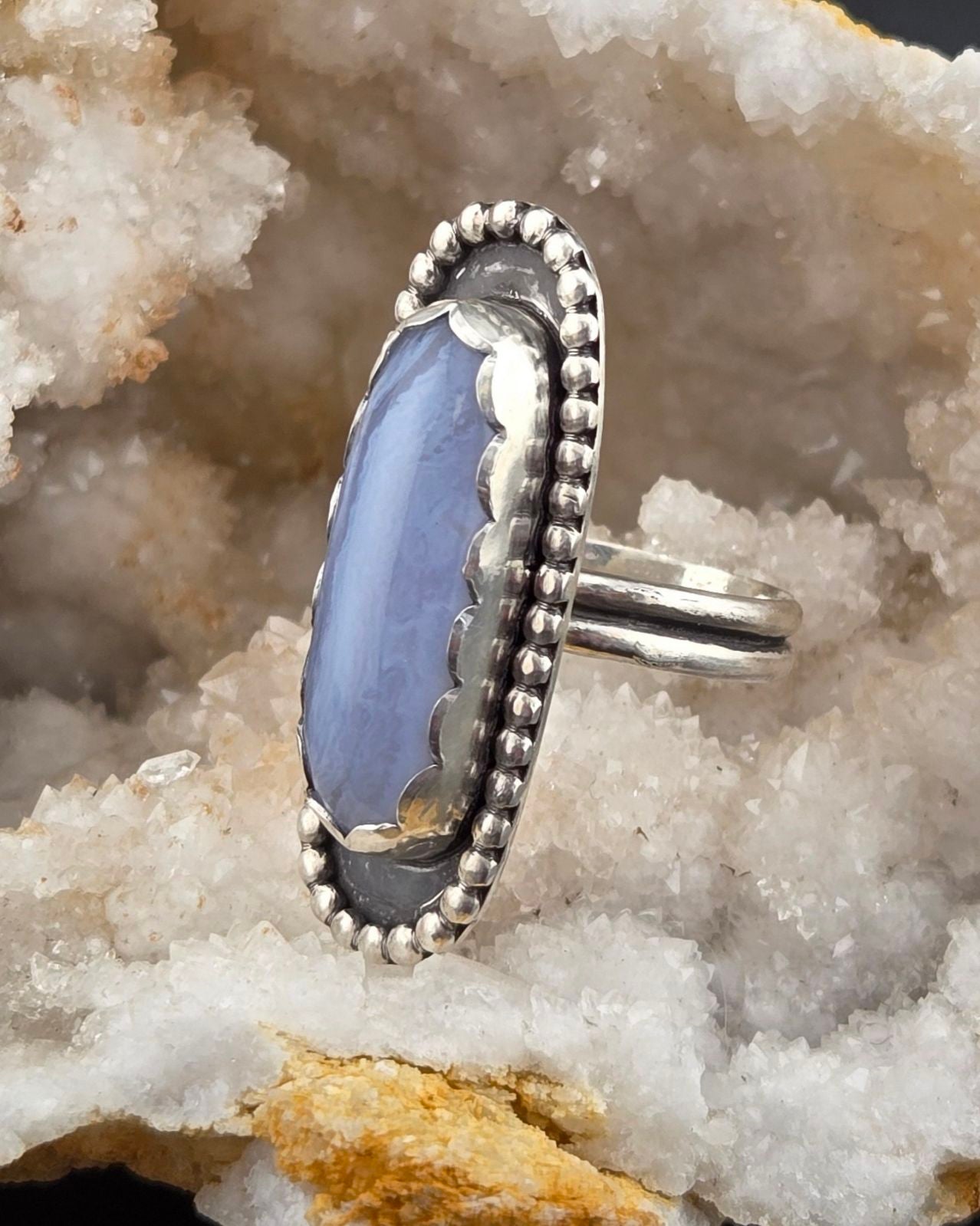 Handcut Blue Lace Agate Ring Size 8