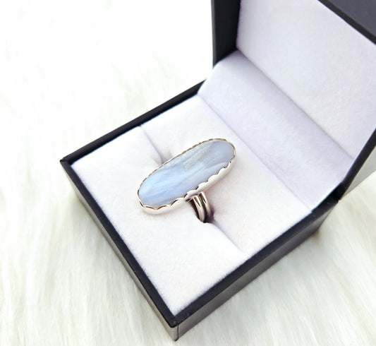 Hand Cut Blue Lace Agate Set in Hand Fabricated .925 Silver Setting (Size 6.5)