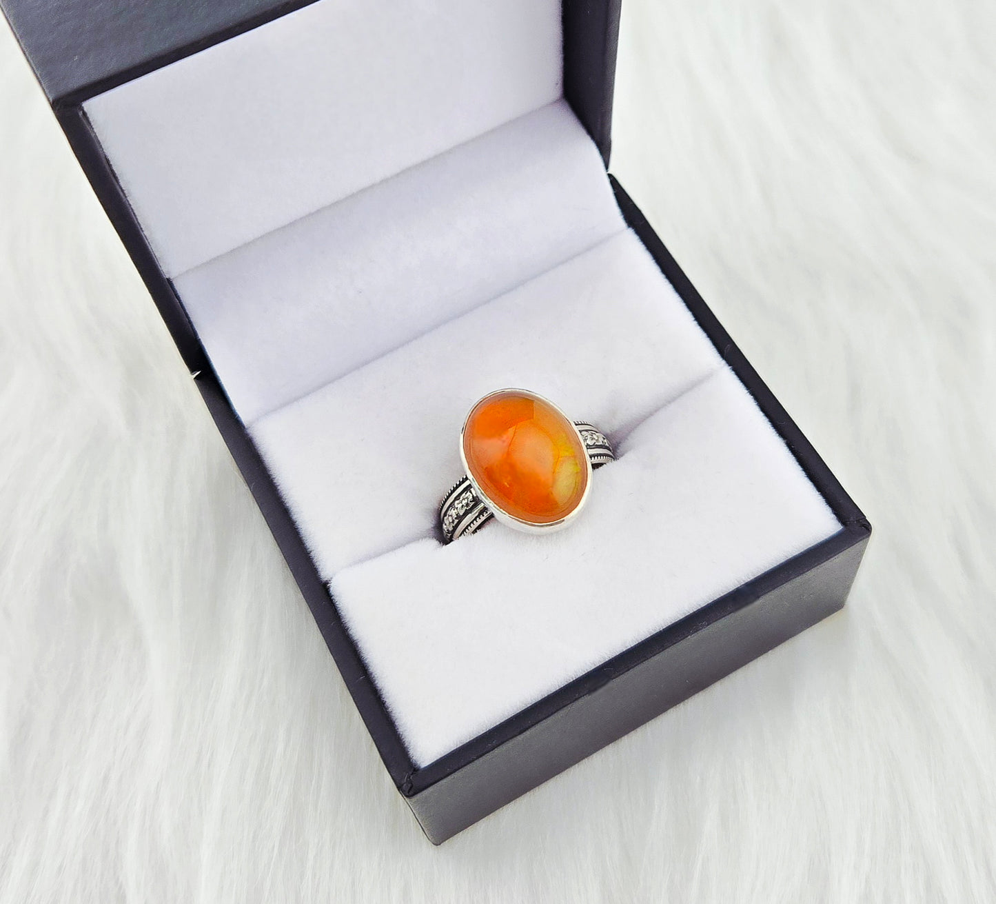 Mexican Fire Opal Ring - Sterling Silver Patterned Band (Size 9)