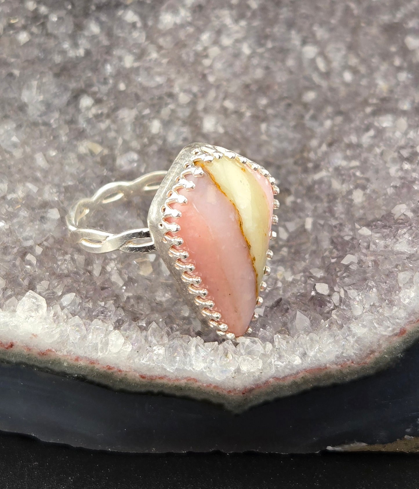 Handcut Pink Opal Ring Size 7