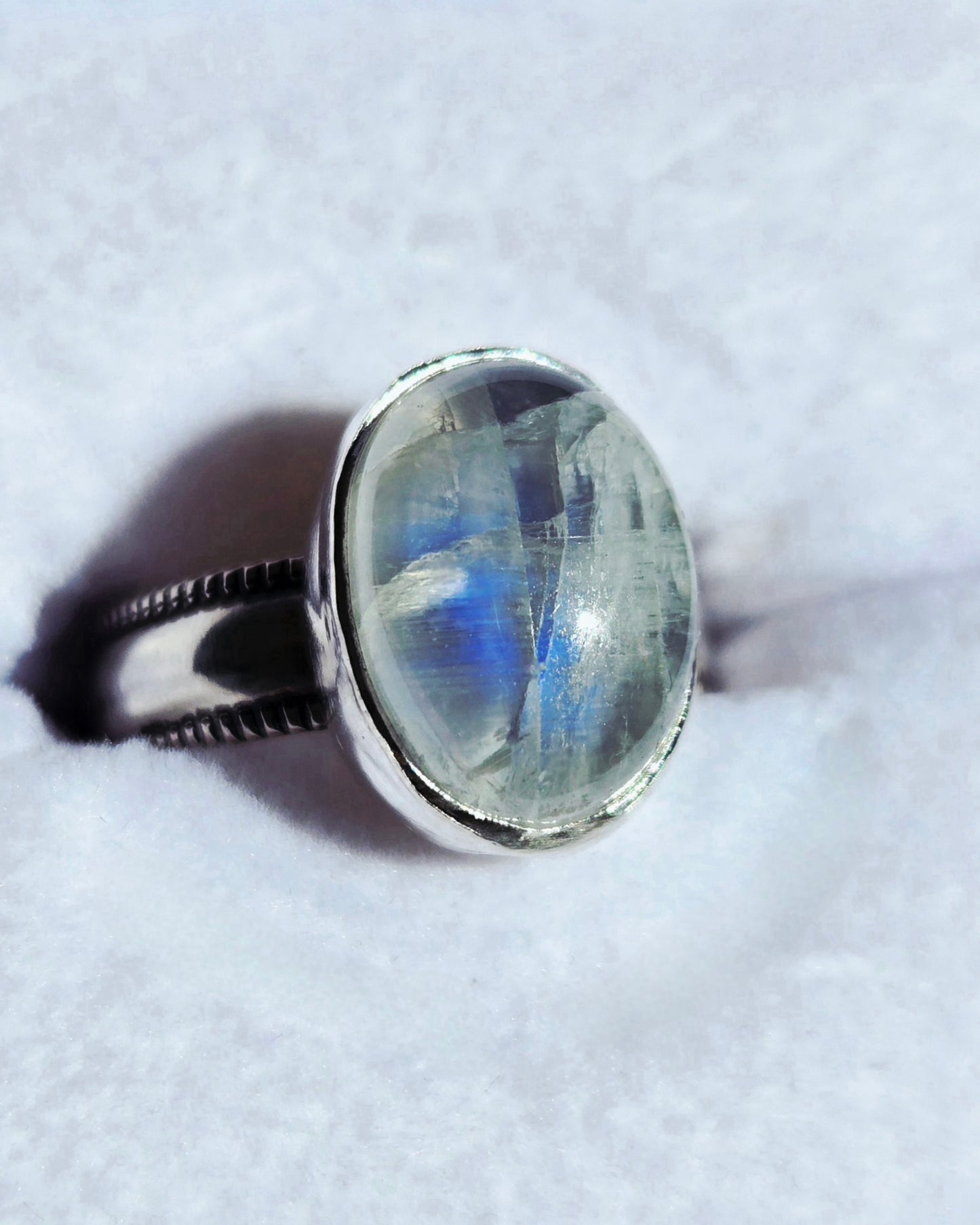 Handcut Moonstone Set in .925 Hand Fabricated Setting (Size 8)