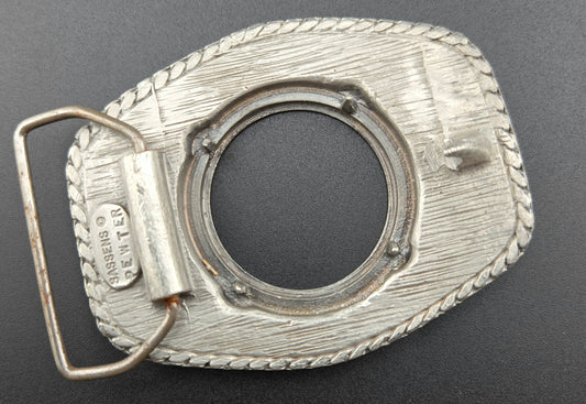Vintage pewter belt buckle blank, fits a 38.2mm cabochon, 3.5" × 2.5" face