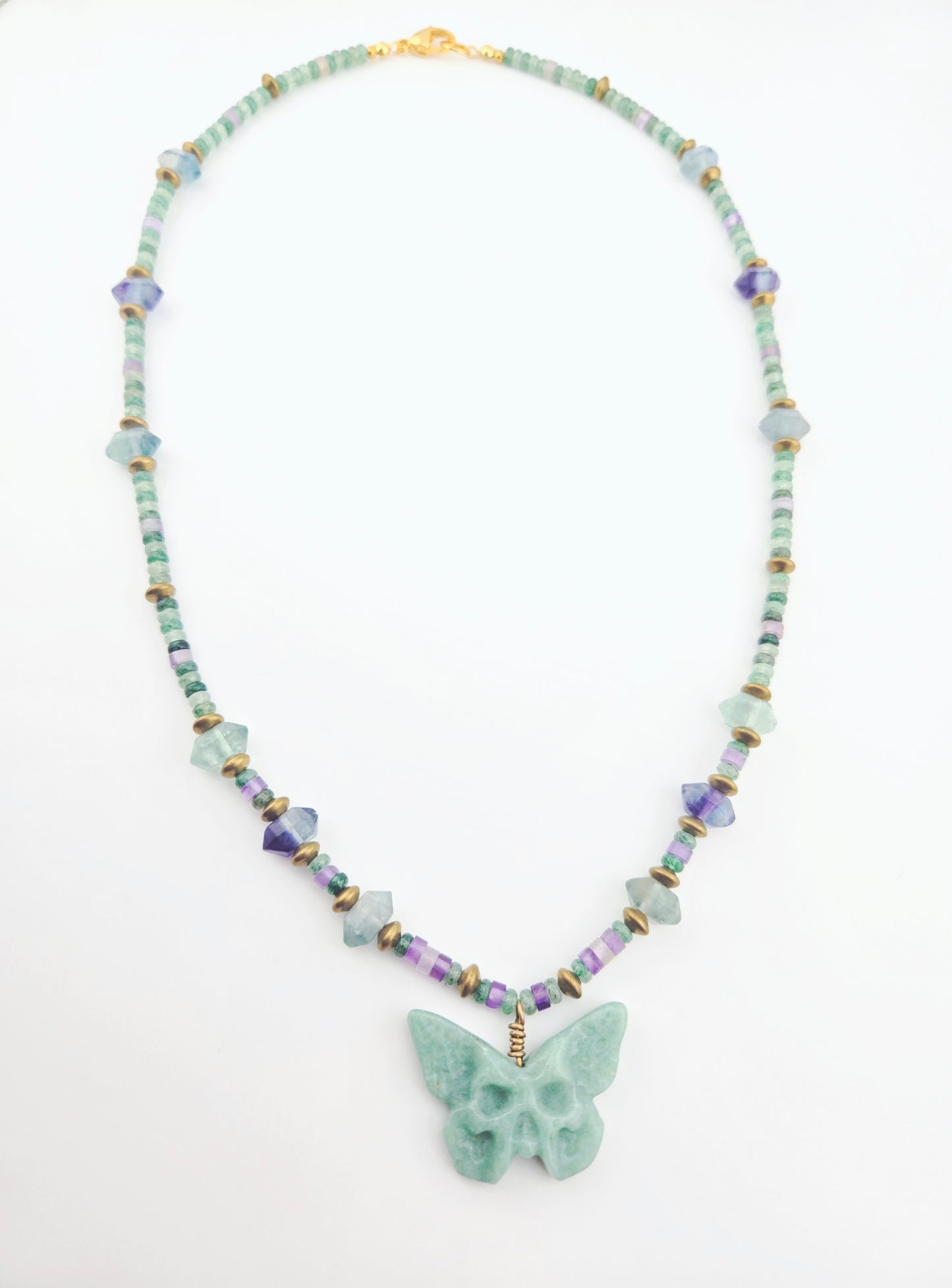 Green Aventurine Skull Butterfly with Double Terminated Fluorite Necklace