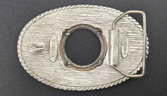 Vintage pewter belt buckle blank, fits a 31mm cabochon, 4" × 2.5" face