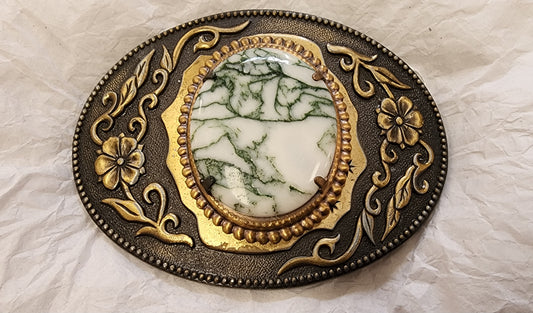 Vintage Buckle with Handcut Tree Moss Agate