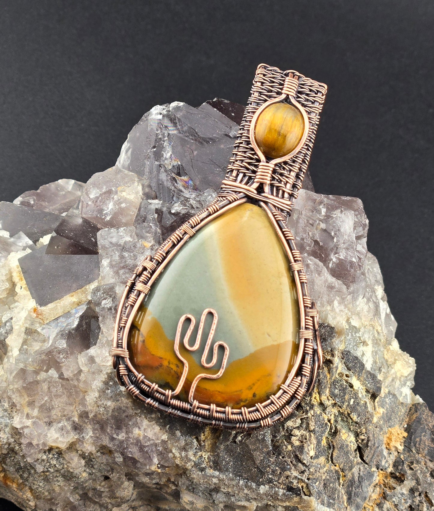 Picture Jasper with Yellow Tigers Eye Cactus Pendant