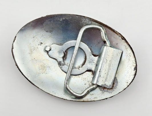 Back of the Hand Tooled Leather Vintage Belt Buckle — Oval Center Medallion Star, showing the silver-tone metal belt buckle back and loop hardware.