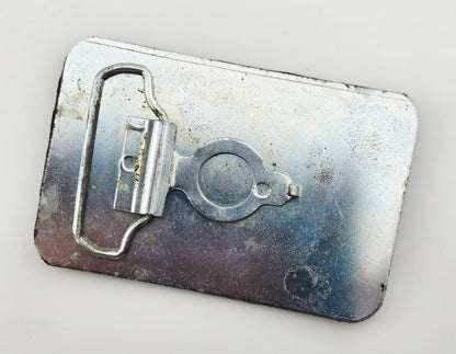 Back of the Hand Tooled Leather Vintage Belt Buckle — Fleur-de-Lis & Sunburst, showing the silver-tone metal belt buckle back and loop hardware.