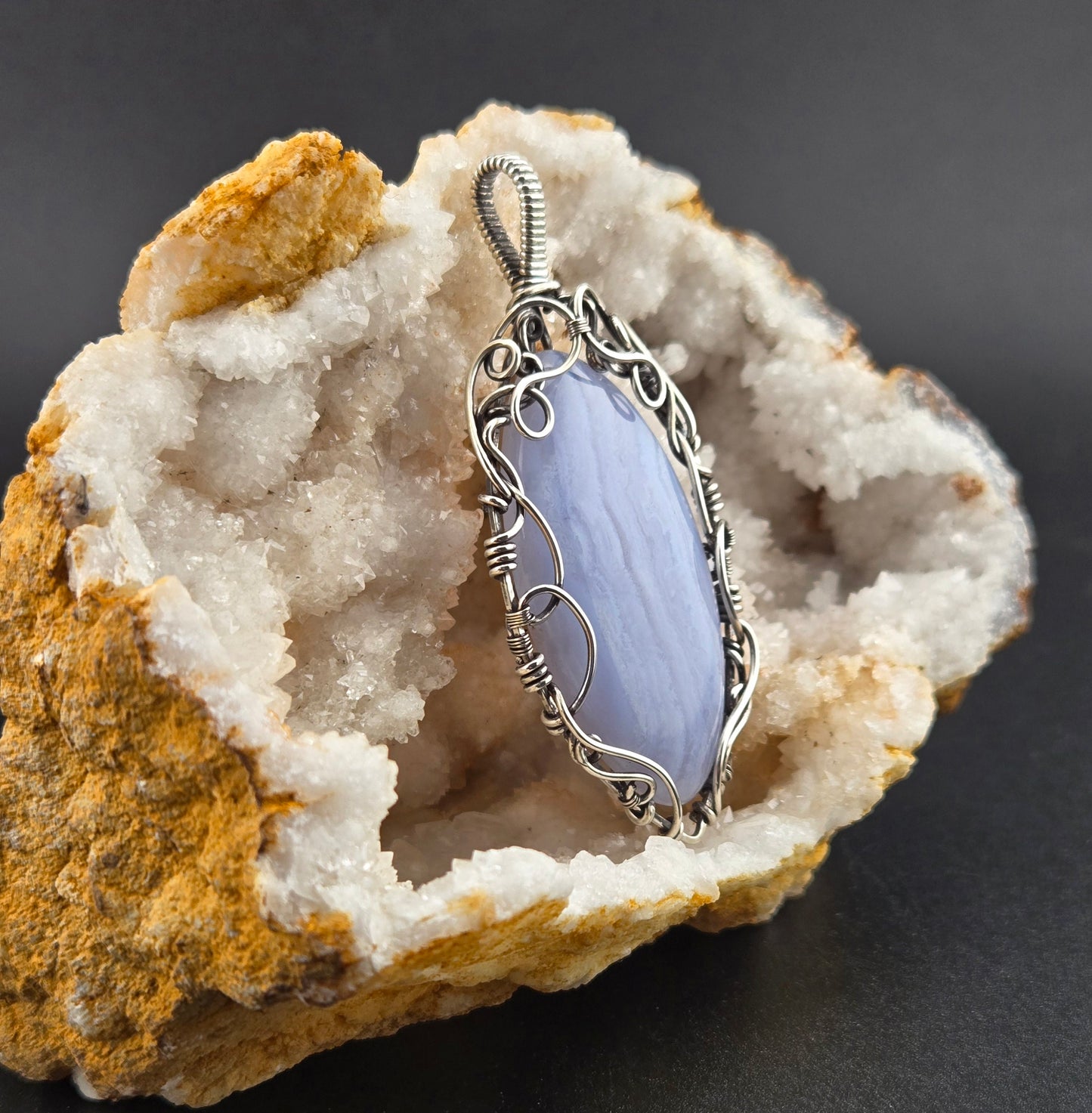 Handcut Blue Lace Agate in .925 Wrap