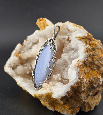 Handcut Blue Lace Agate in .925 Wrap