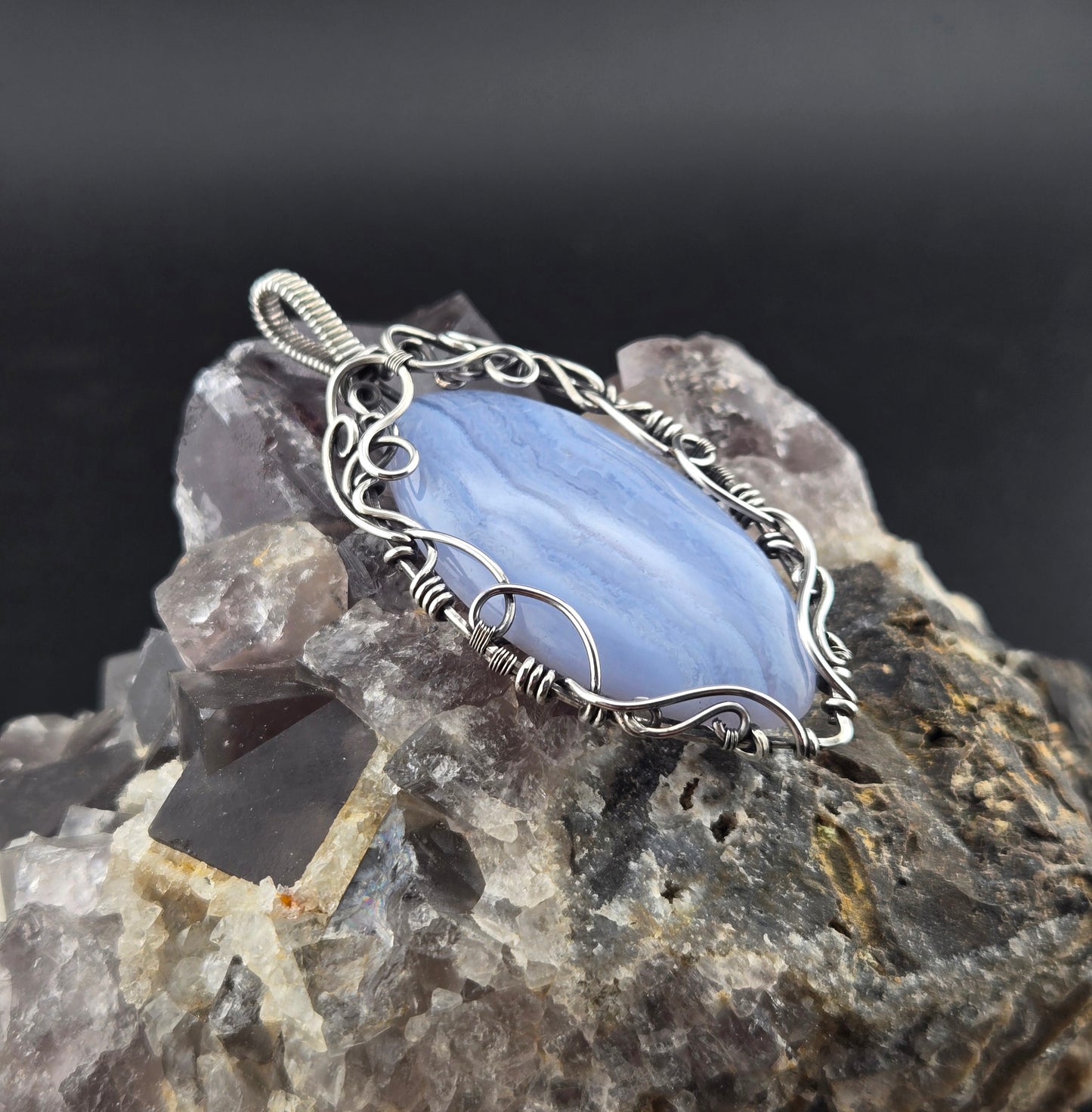 Handcut Blue Lace Agate in .925 Wrap