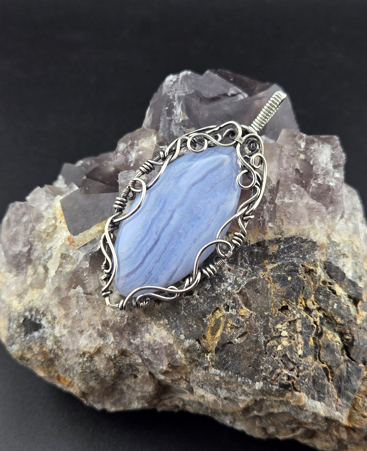 Handcut Blue Lace Agate in .925 Wrap