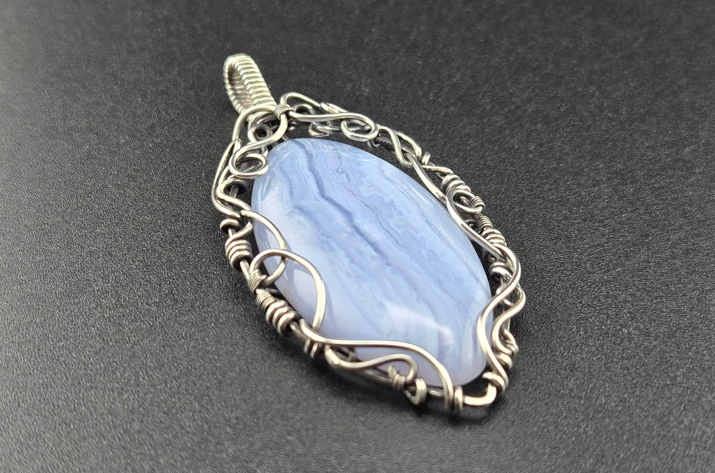 Handcut Blue Lace Agate in .925 Wrap