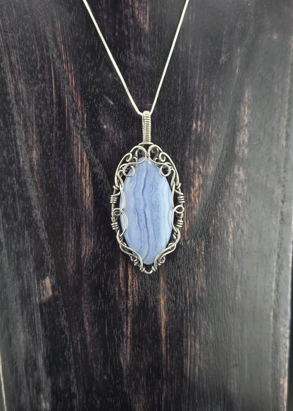 Handcut Blue Lace Agate in .925 Wrap