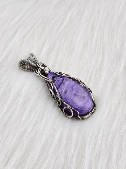 Hand Cut Charoite Pendant Wrapped in .925 Silver