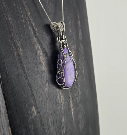 Hand Cut Charoite Pendant Wrapped in .925 Silver