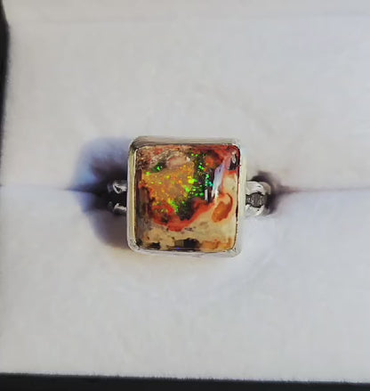 Hand Cut Square Mexican Fire Opal Set in Hand Fabricated .925 Silver Setting with (Size 9)