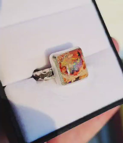 Hand Cut Square Mexican Fire Opal Set in Hand Fabricated .925 Silver Setting with (Size 9)