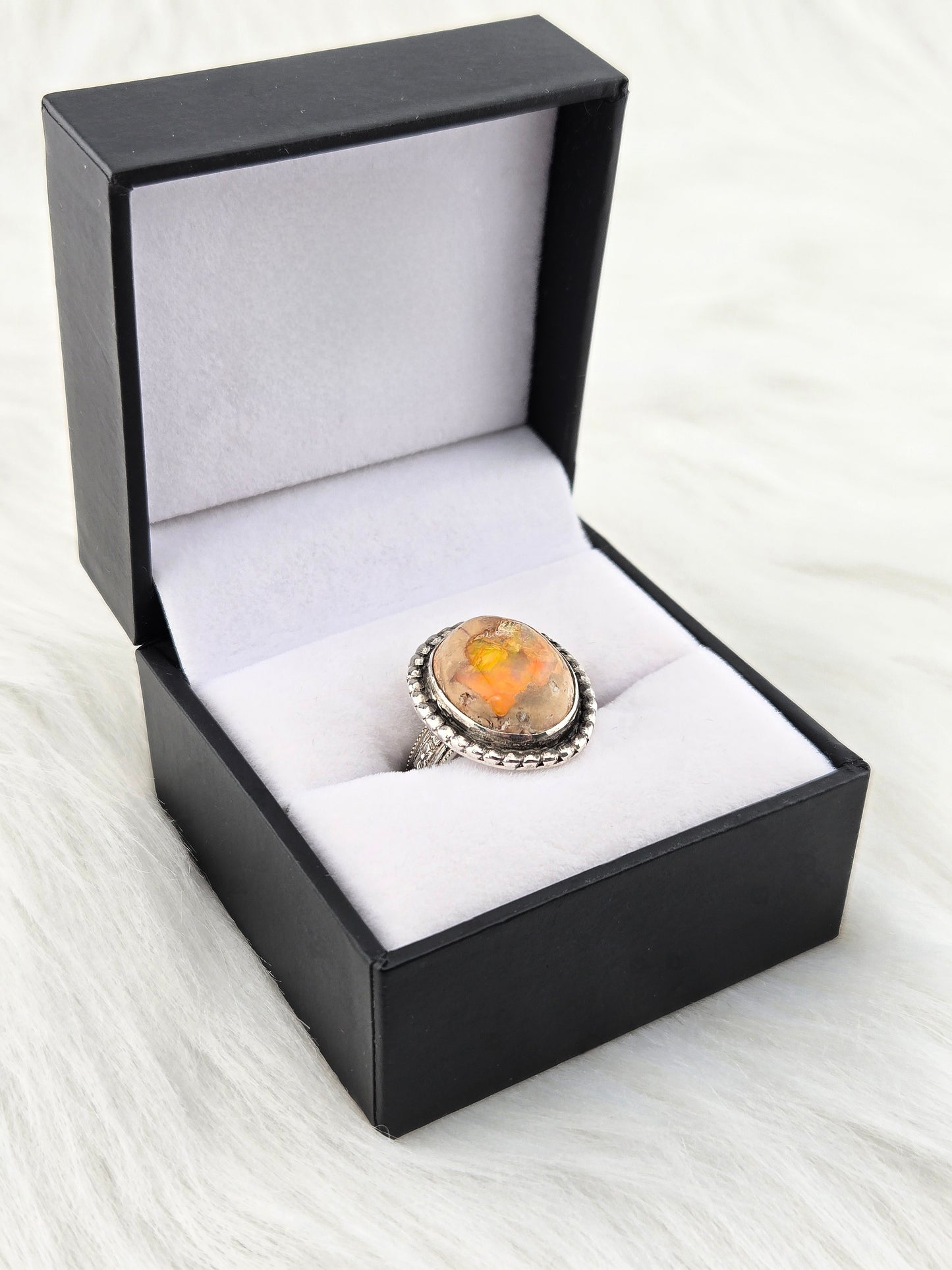 Mexican Fire Opal Ring - Hand Fabricated Sterling Silver (Size 8.5)