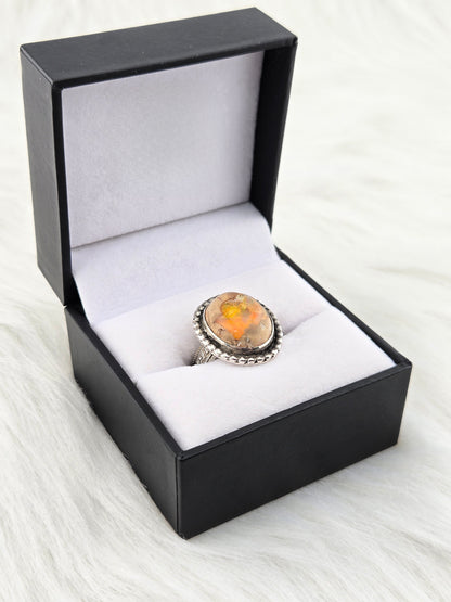 Mexican Fire Opal Ring - Hand Fabricated Sterling Silver (Size 8.5)