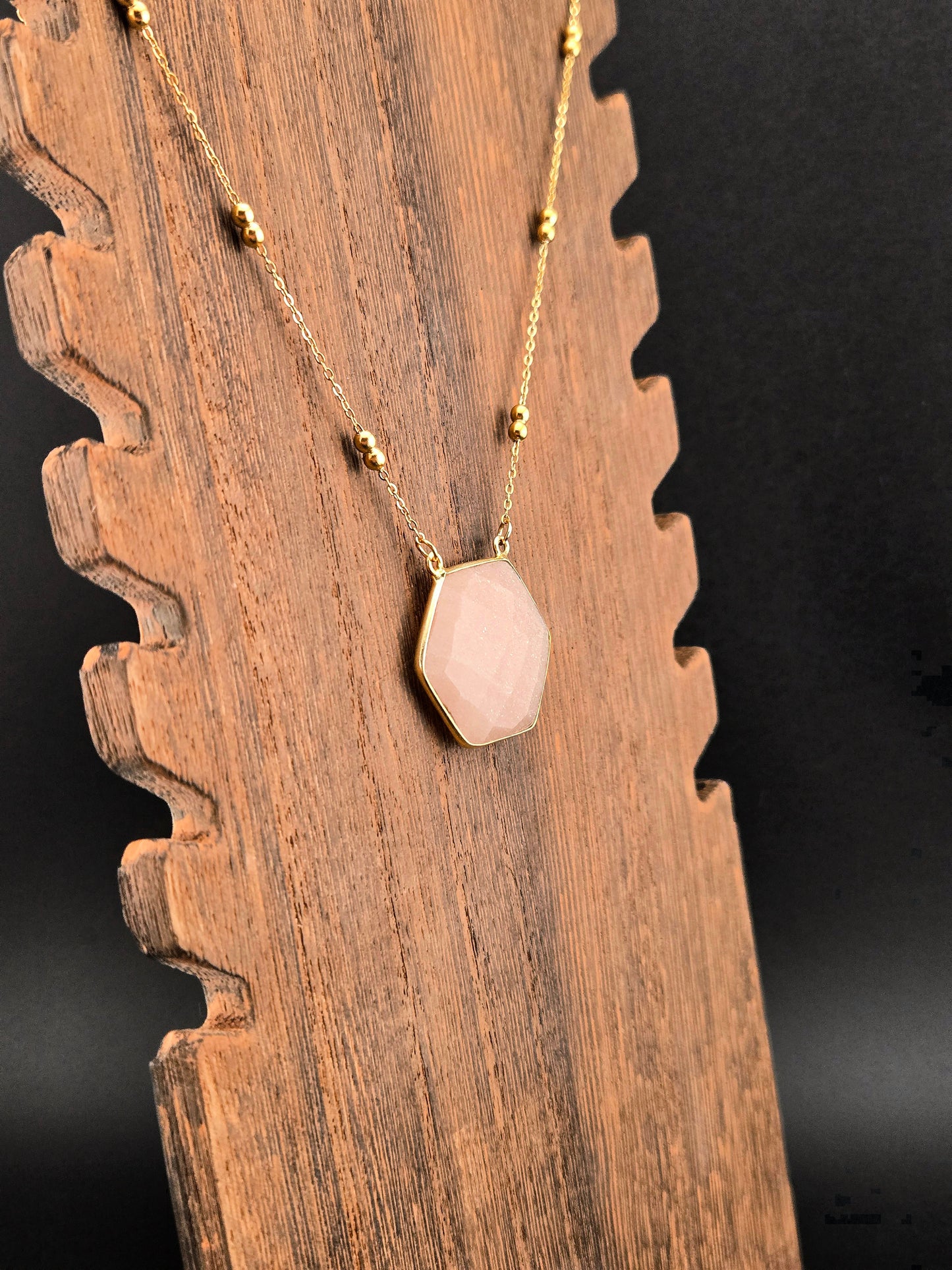 Faceted Peach Moonstone Hexagon Necklace