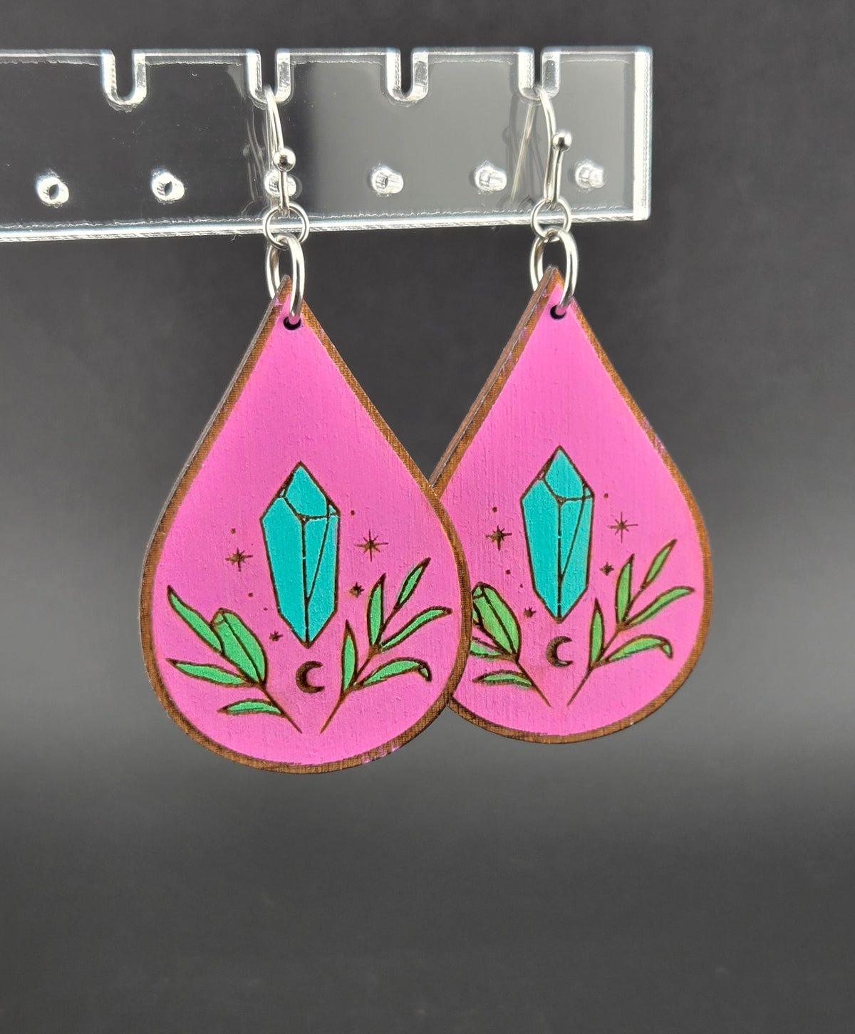 Handmade hand painted blue crystal and leaf earrings