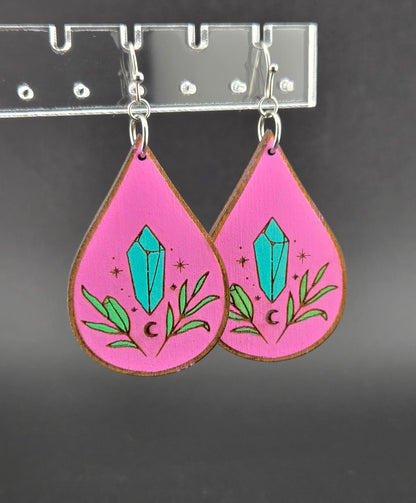 Handmade hand painted blue crystal and leaf earrings