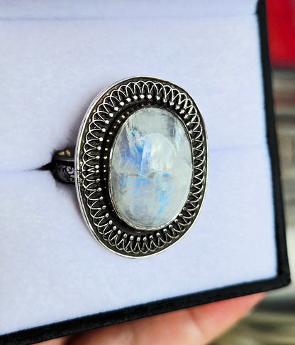 Hand cut Moonstone Ring Set in .925 Silver and Fine Silver Embellishments (Size 10)