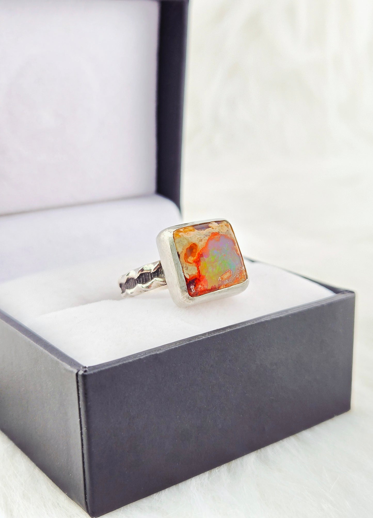 Hand Cut Square Mexican Fire Opal Set in Hand Fabricated .925 Silver Setting with (Size 9)