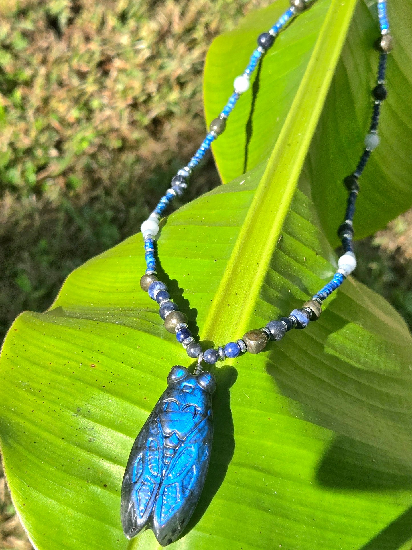 Blue Labradorite Cicada with Sodalite & Pyrite Necklace