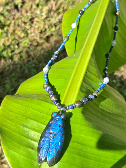 Blue Labradorite Cicada with Sodalite & Pyrite Necklace