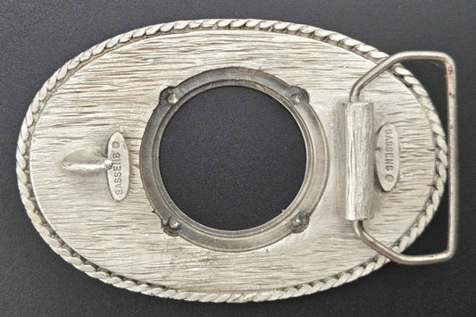 Vintage pewter belt buckle blank, fits a 38.2mm cabochon, 4" × 2.75" face