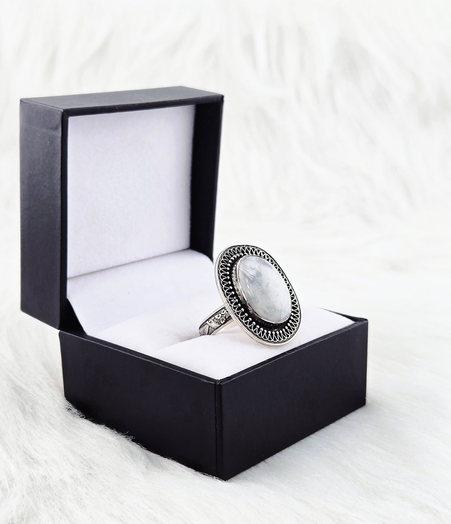 Hand cut Moonstone Ring Set in .925 Silver and Fine Silver Embellishments (Size 10)