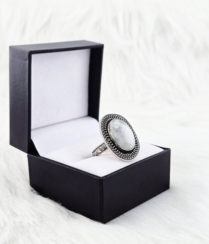 Hand cut Moonstone Ring Set in .925 Silver and Fine Silver Embellishments (Size 10)