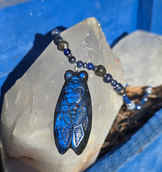 Blue Labradorite Cicada with Sodalite & Pyrite Necklace