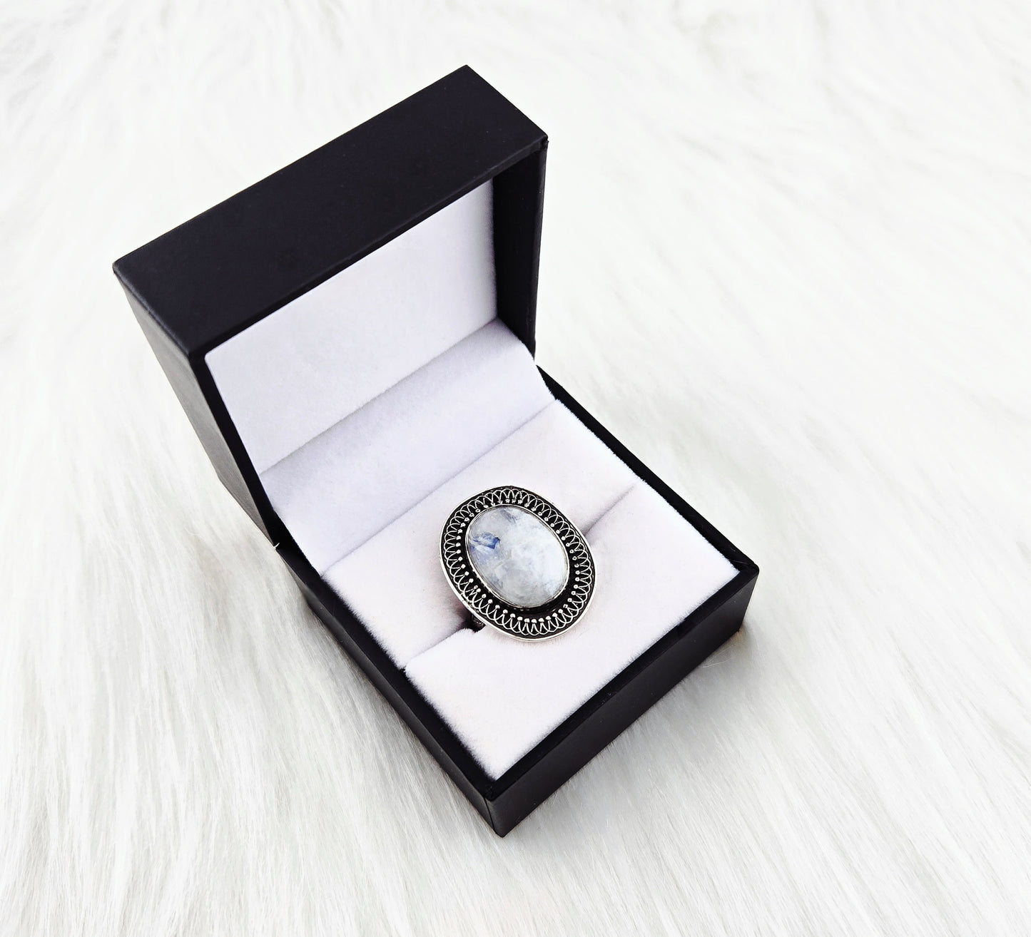 Hand cut Moonstone Ring Set in .925 Silver and Fine Silver Embellishments (Size 10)