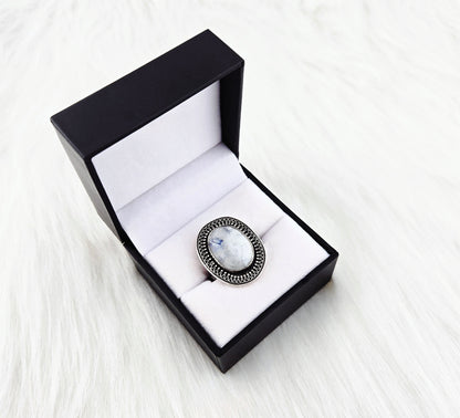 Hand cut Moonstone Ring Set in .925 Silver and Fine Silver Embellishments (Size 10)