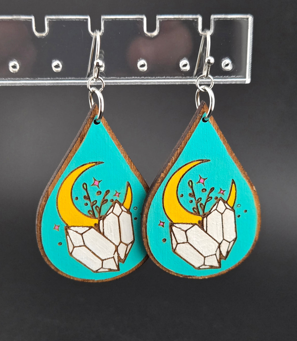 Handmade hand painted moon and white crystals earrings